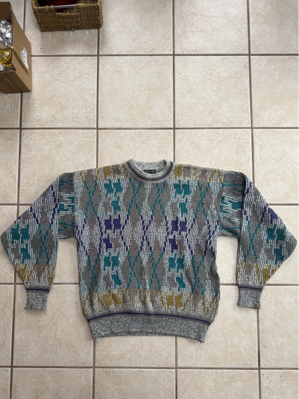 Alexander Julian Gray Crewneck Sweater with Teal, Purple & Gold Pattern